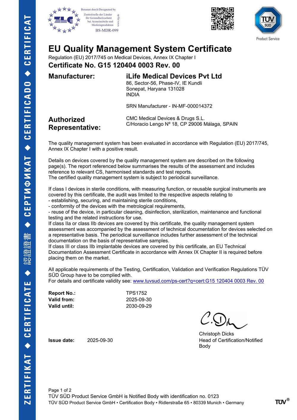 iLife Medical Devices EU MDR CE Certificate - page 1