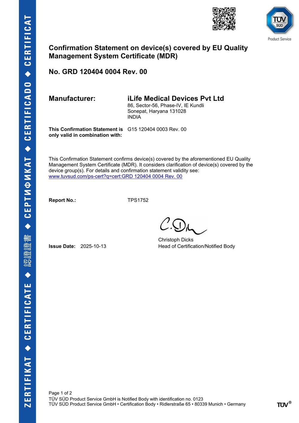 iLife Medical Devices CE Confirmation Statement - page 1