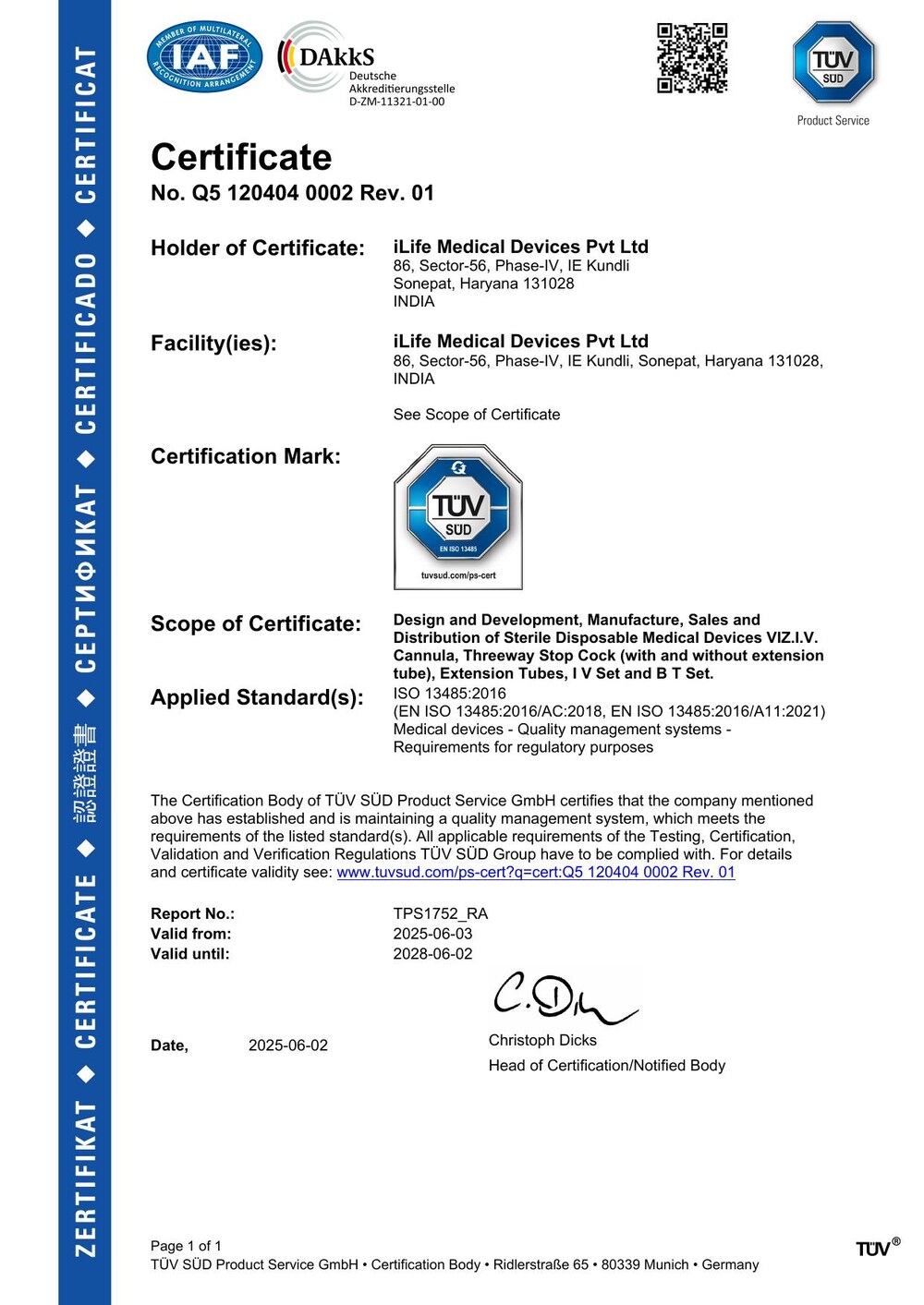iLife Medical Devices ISO 13485:2016 Certificate